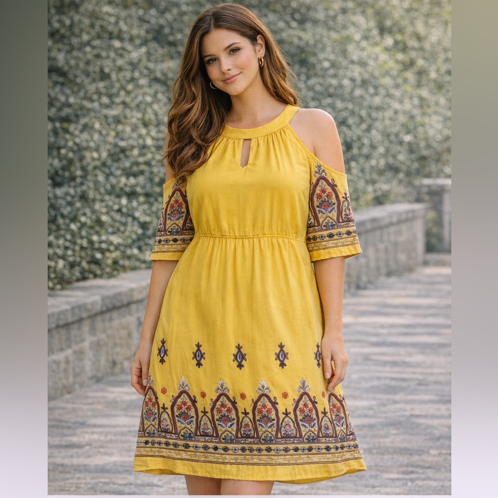 Mustard Boho Embroidered Midi Dress Cold Shoulder Plus Size 14W 16W